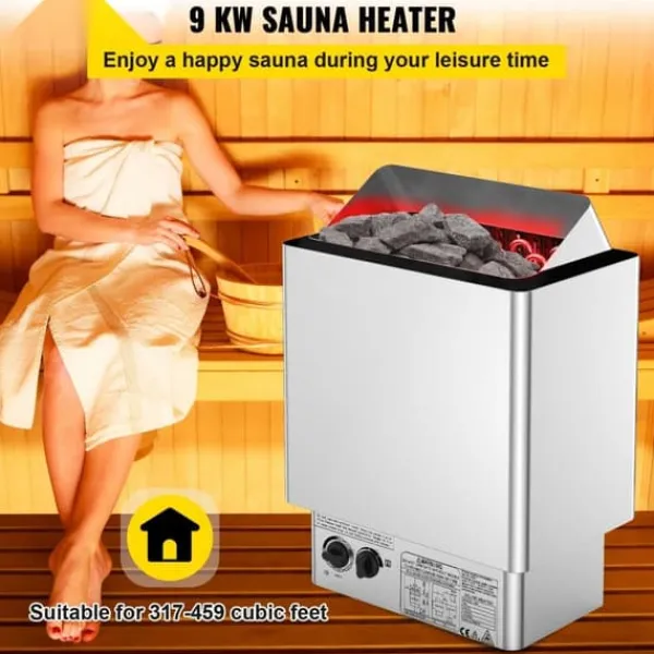 Clearance 9 kW saunaovn 380V-415V, våd&tør elektrisk med indbygget kontrol. Rustfrit stål saunahegn, perfekt til afslapning. Sauna
