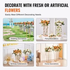 Krukker & Plantebeholdere^4 stk guld metal søjle blomsterstandere, 80 cm høj med geometrisk vase, perfekt til bryllupper og fester. Elegante midterstykker til receptioner.