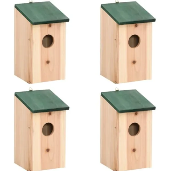 Hot 4 stk. træfuglehuse med grønt tag - Dekorative redekasser | Størrelse: 12x12x22 cm Til Fugle & Småvildt