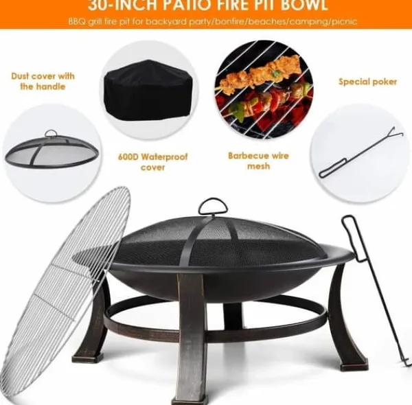 Tilbehør Til Brændeovne & Pejse^30" Stål Udendørs Bålplads, Varmebestandig, Nem Samling BBQ Grill