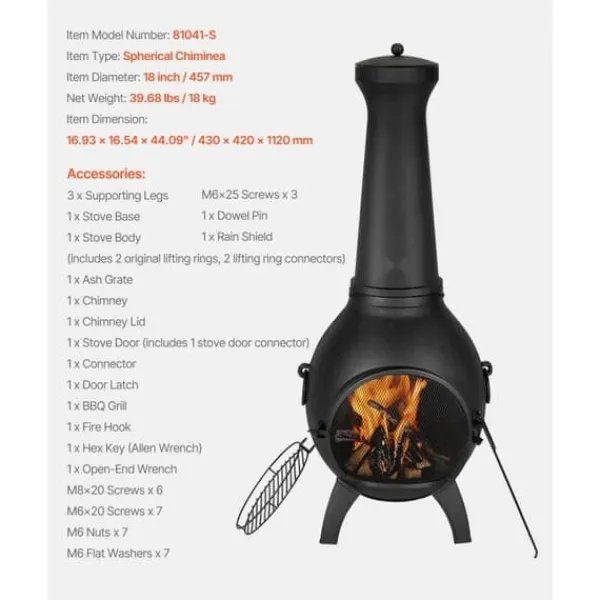 Brændeovne^18 Tommer Chiminea, Outdoor Brændeovn, med Grillnet og Skorstensbeklædning