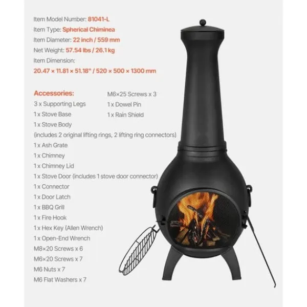 Clearance 22 tommer Chiminea, Udendørs Aluminium Pejs, med Grillnet og Skorstensbelægning Pejse