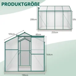 Clearance Aluminium drivhus med fundament 4,75 m² - 190 × 253 cm, inkl. 1 ovenlysvindue og skydedør, havedrivhus, tomatdrivhus Drivhus