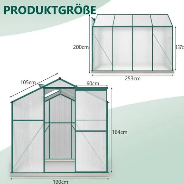 Clearance Aluminium drivhus med fundament 4,75 m² - 190 × 253 cm, inkl. 1 ovenlysvindue og skydedør, havedrivhus, tomatdrivhus Drivhus
