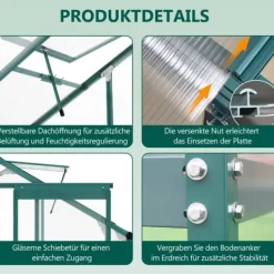 Clearance Aluminium drivhus med fundament 4,75 m² - 190 × 253 cm, inkl. 1 ovenlysvindue og skydedør, havedrivhus, tomatdrivhus Drivhus