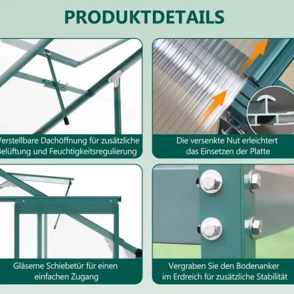 Clearance Aluminium drivhus med fundament 4,75 m² - 190 × 253 cm, inkl. 1 ovenlysvindue og skydedør, havedrivhus, tomatdrivhus Drivhus