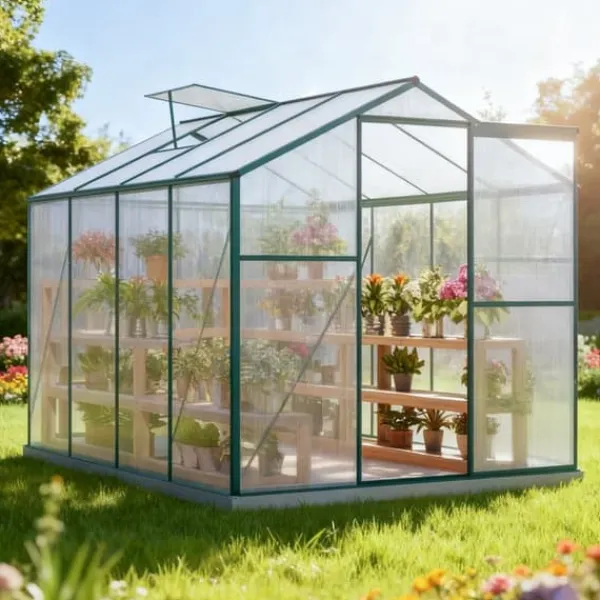 Clearance Aluminium drivhus med fundament 4,75 m² - 190 × 253 cm, inkl. 1 ovenlysvindue og skydedør, havedrivhus, tomatdrivhus Drivhus