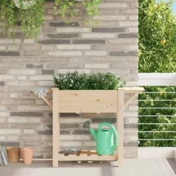 Best Beige blomsterkrukke med hylde i massivt fyrretræ | Størrelse: 111 x 37 x 76.5 cm Plantningsbænke