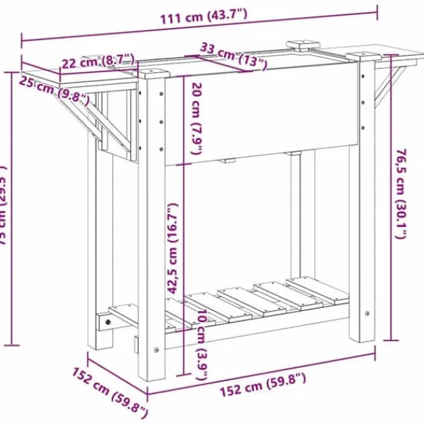 Best Beige blomsterkrukke med hylde i massivt fyrretræ | Størrelse: 111 x 37 x 76.5 cm Plantningsbænke