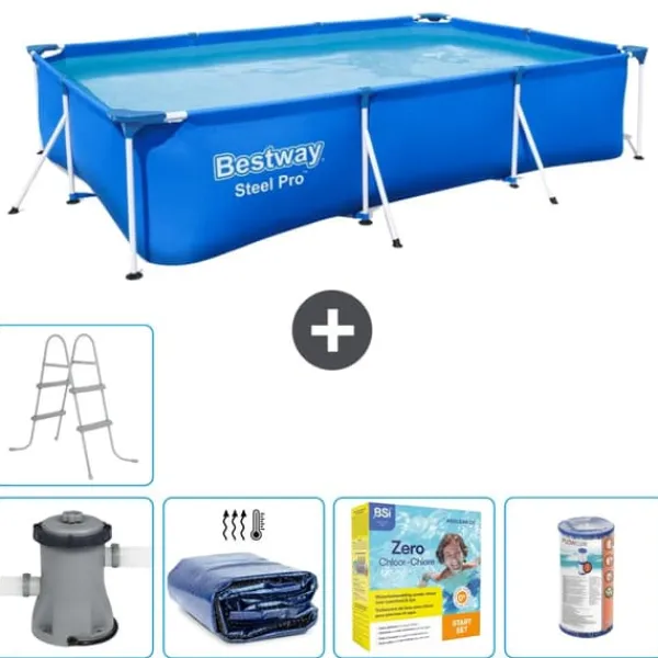 Rectangular Steel Pro Swimming Pool - 300 x 201 x 66 cm - Blå - Inklusive Tilbehør CB19 Pooler