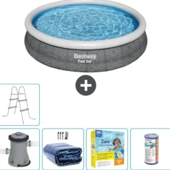 Bestway Pooler^Round Oppustelig Fast Set Swimming Pool - Rattan Print - 366 x 76 cm - Inklusive Tilbehør CB19