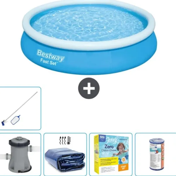 Discount Round Oppustelig Fast Set Swimming Pool - 366 x 76 cm - Blå - Inklusive Tilbehør CB20 Pooler