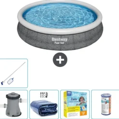 Outlet Round Oppustelig Fast Set Swimming Pool - Rattan Print - 366 x 76 cm - Inklusive Tilbehør CB20 Pooler