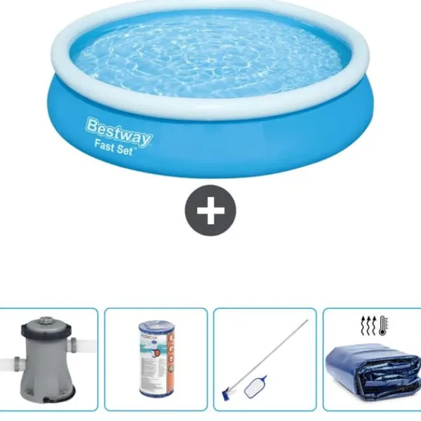 Clearance Round Oppustelig Fast Set Swimming Pool - 366 x 76 cm - Blå - Inklusive Tilbehør CB57 Pooler