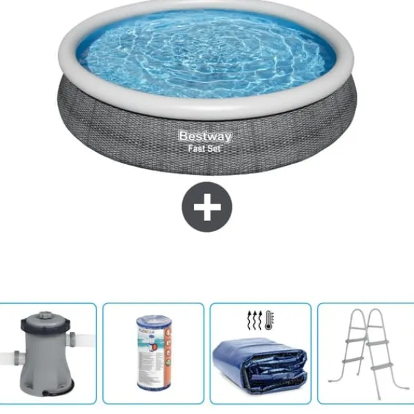 Outlet Round Oppustelig Fast Set Swimming Pool - Rattan Print - 366 x 76 cm - Inklusive Tilbehør CB59 Pooler