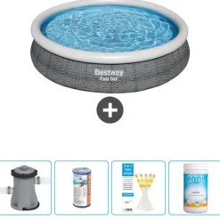 Hot Round Oppustelig Fast Set Swimming Pool - Rattan Print - 366 x 76 cm - Inklusive Tilbehør CB49 Pooler