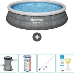 Bestway Pooler^Round Oppustelig Fast Set Swimming Pool - Rattan Print - 457 x 84 cm - Inklusive Tilbehør CB58