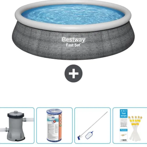 Bestway Pooler^Round Oppustelig Fast Set Swimming Pool - Rattan Print - 457 x 84 cm - Inklusive Tilbehør CB58