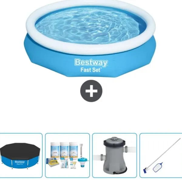 Bestway Pooler^Round Oppustelig Fast Set Swimming Pool - 305 x 66 cm - Blå - Inkluderet tilbehør CB5