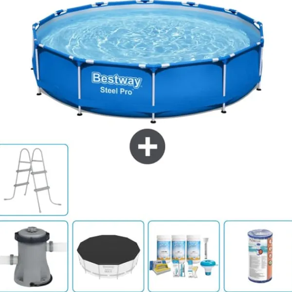 Bestway Pooler^Round Steel Pro Swimming Pool - 366 x 76 cm - Blå - Inklusive Tilbehør CB14