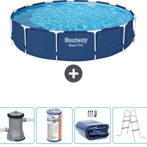 Bestway Pooler^Round Steel Pro Swimming Pool - 396 x 84 cm - Blå - Inklusive Tilbehør CB59