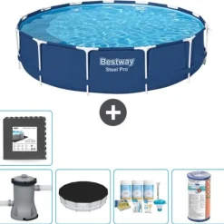 Bestway Pooler^Round Steel Pro Swimming Pool - 396 x 84 cm - Blå - Inklusive Tilbehør CB13