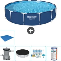 Bestway Pooler^Round Steel Pro Swimming Pool - 396 x 84 cm - Blå - Inklusive Tilbehør CB11