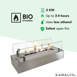 Clearance Bioethanol brænder S (4114S) - Børstet rustfrit stål - Bioethanol indbygningsovn med patenteret keramisk sten - 2 KW varme Pejse