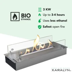 Discount Bioethanolbrænder L (5820LS) med indbygget læbe - Børstet rustfrit stål - bioethanol indbygningsovn med patenteret keramisk sten - 3 KW varme Pejse