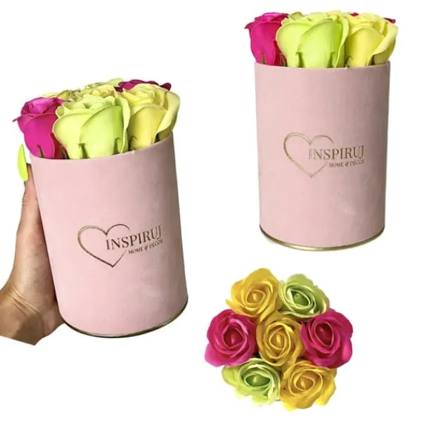 Blomster^Blomsterkasse Inspiruj - Lyserød kasse med sæberoser - nr. 17 Mix fuchsia grøn gul