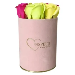 Blomster^Blomsterkasse Inspiruj - Lyserød kasse med sæberoser - nr. 17 Mix fuchsia grøn gul