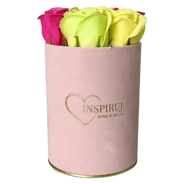 Blomster^Blomsterkasse Inspiruj - Lyserød kasse med sæberoser - nr. 17 Mix fuchsia grøn gul