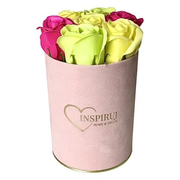 Blomster^Blomsterkasse Inspiruj - Lyserød kasse med sæberoser - nr. 17 Mix fuchsia grøn gul