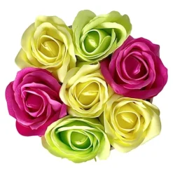 Blomster^Blomsterkasse Inspiruj - Lyserød kasse med sæberoser - nr. 17 Mix fuchsia grøn gul