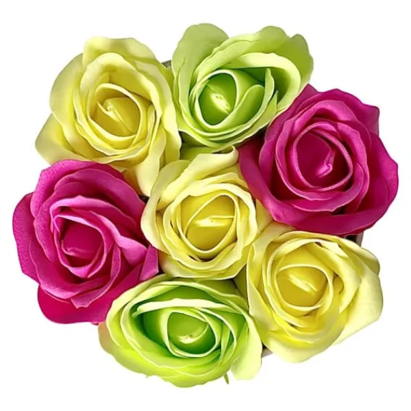 Blomster^Blomsterkasse Inspiruj - Lyserød kasse med sæberoser - nr. 17 Mix fuchsia grøn gul