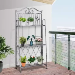 Krukker & Plantebeholdere^Blomsterstand i metal, 3 niveauer blomsterhylde, 44×25×96 cm, dekorativ & pladsbesparende, sølvgrå