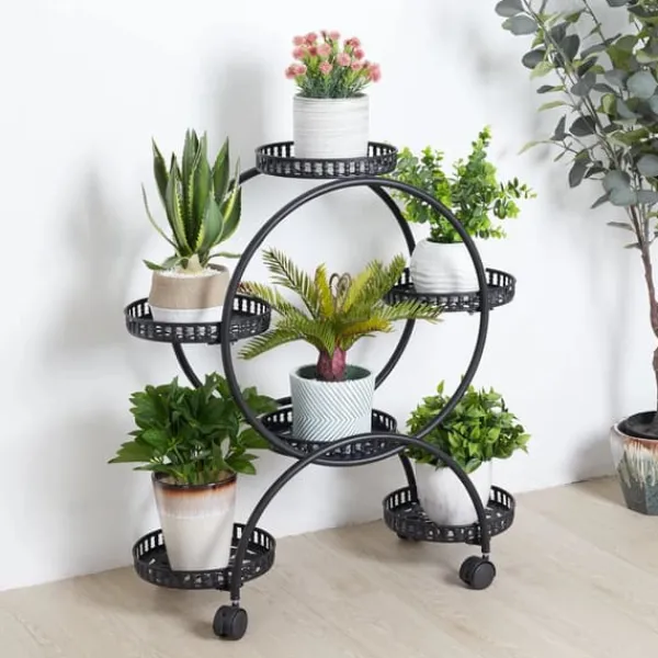 Plantestativer^Blomsterstander - Plantehylde med 4 hjul - 6 niveauer - Metal - Samling påkrævet - Str. L - Sort