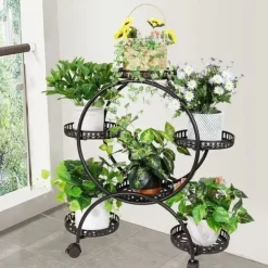Plantestativer^Blomsterstander - Plantehylde med 4 hjul - 6 niveauer - Metal - Samling påkrævet - Str. L - Sort