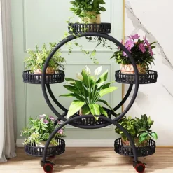 Plantestativer^Blomsterstander - Plantehylde med 4 hjul - 6 niveauer - Metal - Samling påkrævet - Str. L - Sort