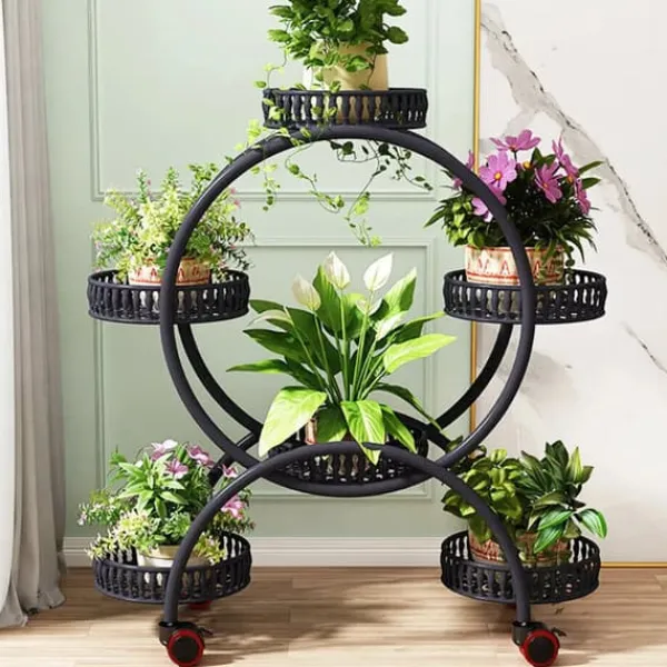 Plantestativer^Blomsterstander - Plantehylde med 4 hjul - 6 niveauer - Metal - Samling påkrævet - Str. L - Sort