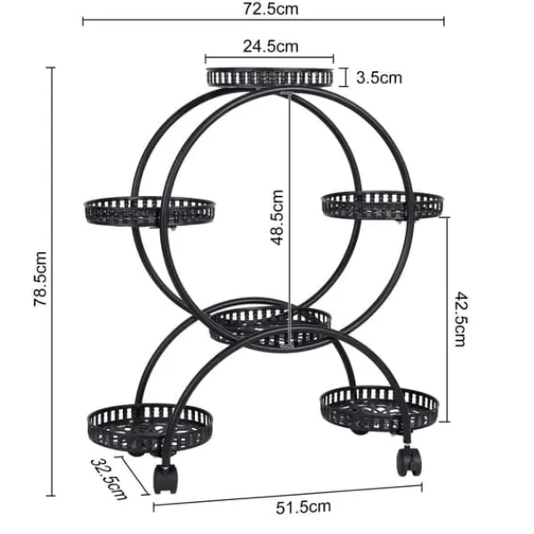 Plantestativer^Blomsterstander - Plantehylde med 4 hjul - 6 niveauer - Metal - Samling påkrævet - Str. L - Sort