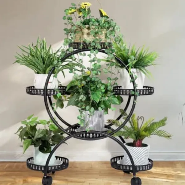 Plantestativer^Blomsterstander - Plantehylde med 4 hjul - 6 niveauer - Metal - Samling påkrævet - Str. L - Sort