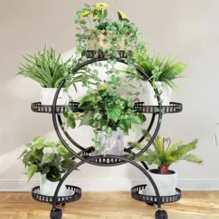 Plantestativer^Blomsterstander - Plantehylde med 4 hjul - 6 niveauer - Metal - Samling påkrævet - Str. L - Sort