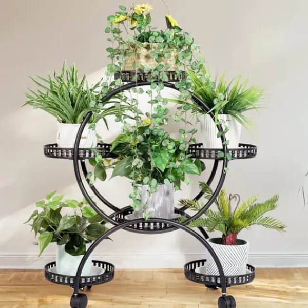 Plantestativer^Blomsterstander - Plantehylde med 4 hjul - 6 niveauer - Metal - Samling påkrævet - Str. L - Sort