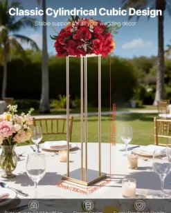 Plantestativer^Blomsterstander Sæt - Søjle/Piedestal - Sæt Af 10 - Højde 80 cm - Metal - Cylindrisk & Kubisk - Til Bryllup & Fest - Guld