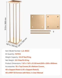 Plantestativer^Blomsterstander Sæt - Søjle/Piedestal - Sæt Af 10 - Højde 80 cm - Metal - Cylindrisk & Kubisk - Til Bryllup & Fest - Guld
