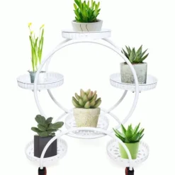 Plantestativer^Blomsterstander til krukker - Rund metalstander med hjul - Til altan og have - Hvid