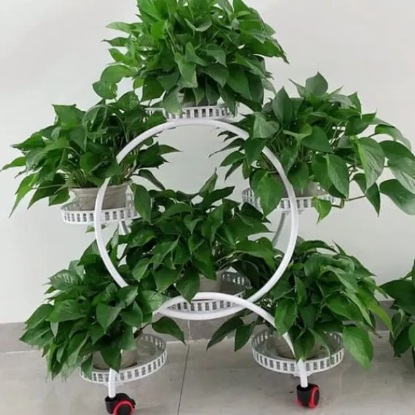 Plantestativer^Blomsterstander til krukker - Rund metalstander med hjul - Til altan og have - Hvid