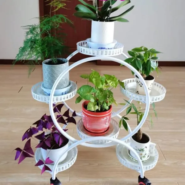 Plantestativer^Blomsterstander til krukker - Rund metalstander med hjul - Til altan og have - Hvid