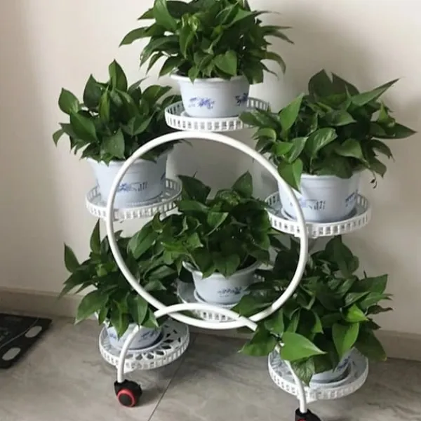 Plantestativer^Blomsterstander til krukker - Rund metalstander med hjul - Til altan og have - Hvid